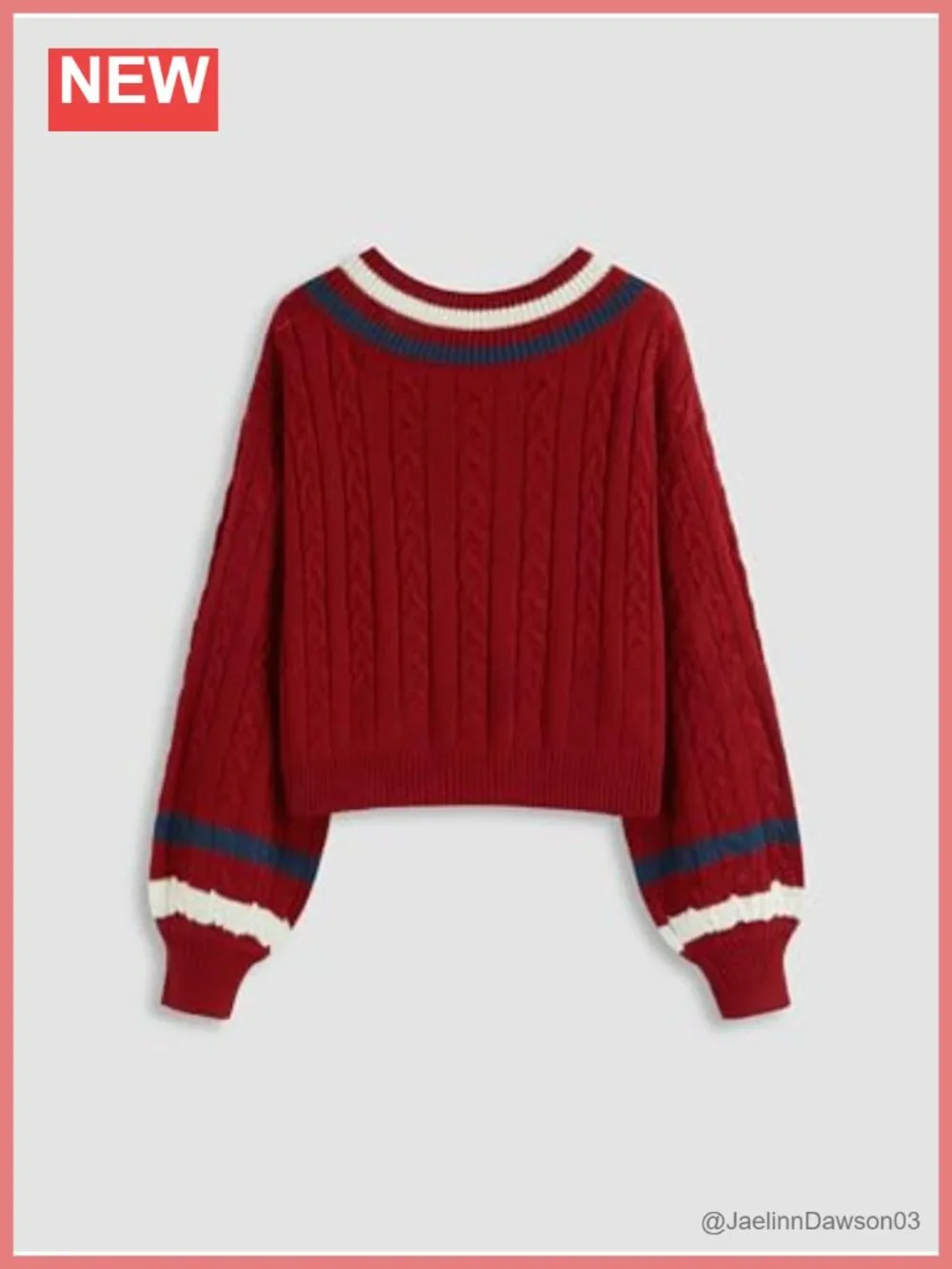 Cable Knit Sweater V Neck Long Sleeve Pullover Contrast Trim Regular Fit